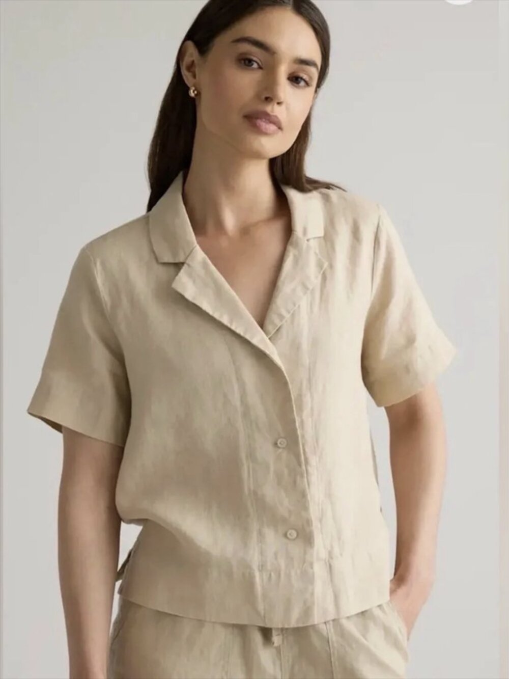 Quince Womens 100% European Linen Short Sleeve Shirt XL Beige Button Front